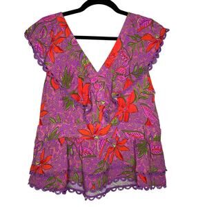Rose + Olive Ruffle Floral V Neck Peplum Blouse Top Size Medium NWT